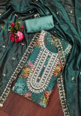 Sea Green Floral Embellished Organza Kurta Set