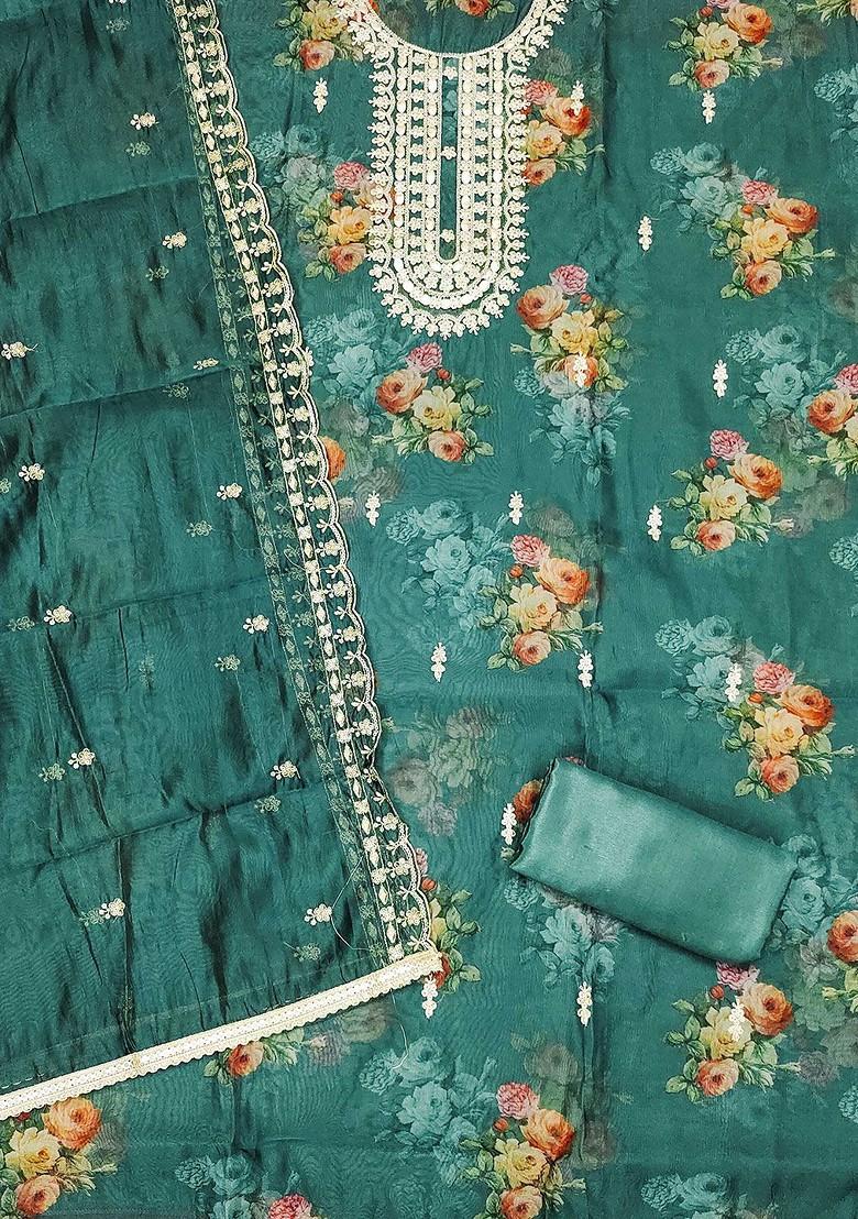 Sea Green Floral Embellished Organza Kurta Set