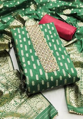 Green Ethnic Motifs Woven Poly Blend Kurta Set