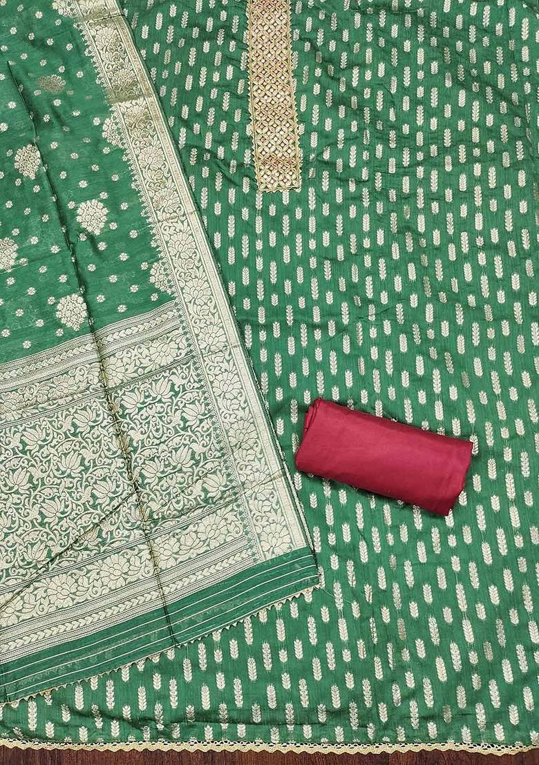 Green Ethnic Motifs Woven Poly Blend Kurta Set