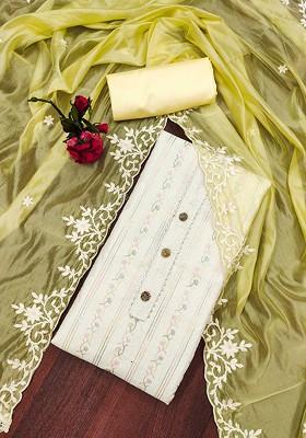 Off White Ethnic Motifs Embroidered Poly Blend Kurta Set