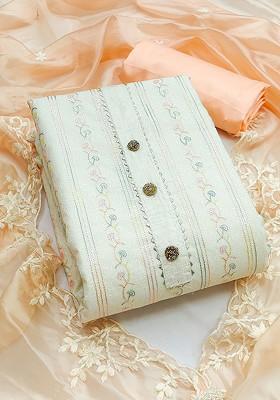 Off White Floral Woven Design Poly Blend Kurta Set