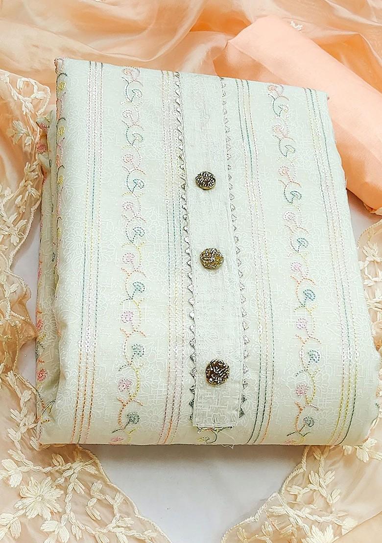 Off White Floral Woven Design Poly Blend Kurta Set