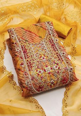 Mustard Yellow Ethnic Motifs Embellished Organza Kurta Set