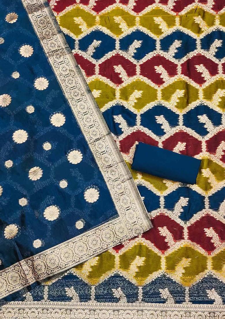 Blue Ethnic Motifs Woven Organza Kurta Set