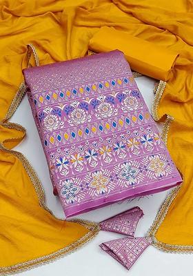 Pink Ethnic Motifs Woven Poly Blend Kurta Set