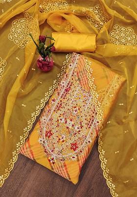 Mustard Yellow Ethnic Motifs Embellished Organza Kurta Set