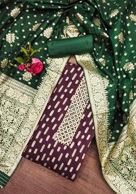 Burgundy Floral Woven Design Poly Blend Kurta Set