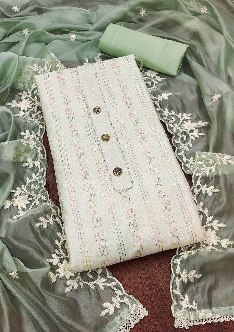 Off White Floral Embroidered Poly Blend Kurta Set