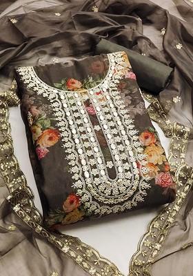 Grey Embellished Organza Kurta Set