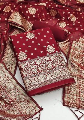 Maroon Floral Woven Design Poly Blend Kurta Set