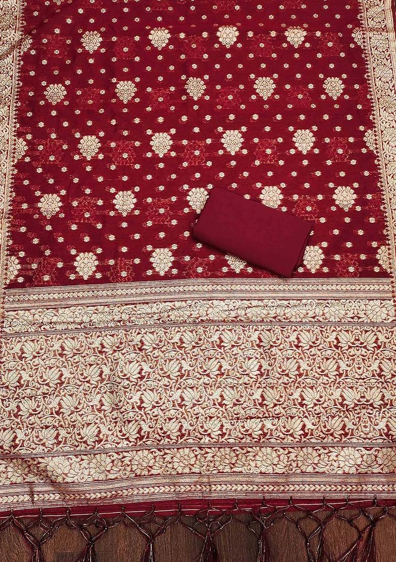 Maroon Floral Woven Design Poly Blend Kurta Set