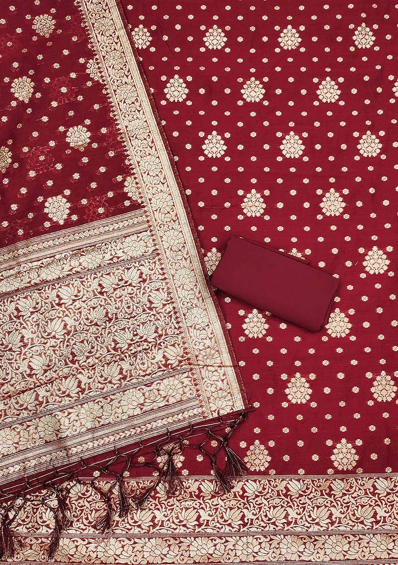 Maroon Floral Woven Design Poly Blend Kurta Set