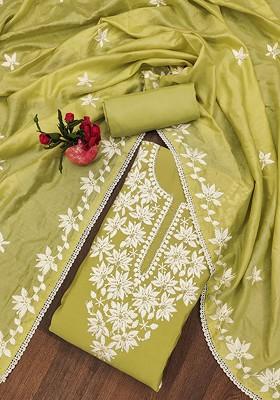 Lime Green Floral Embroidered Poly Blend Kurta Set