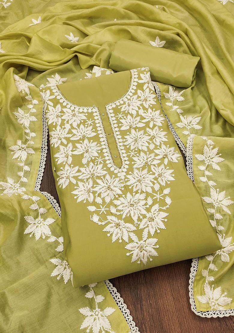 Lime Green Floral Embroidered Poly Blend Kurta Set