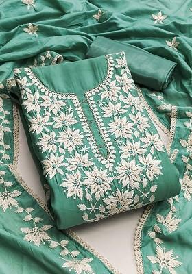 Sea Green Floral Embroidered Poly Blend Kurta Set
