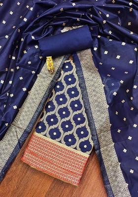 Navy Blue Floral Woven Design Poly Blend Kurta Set