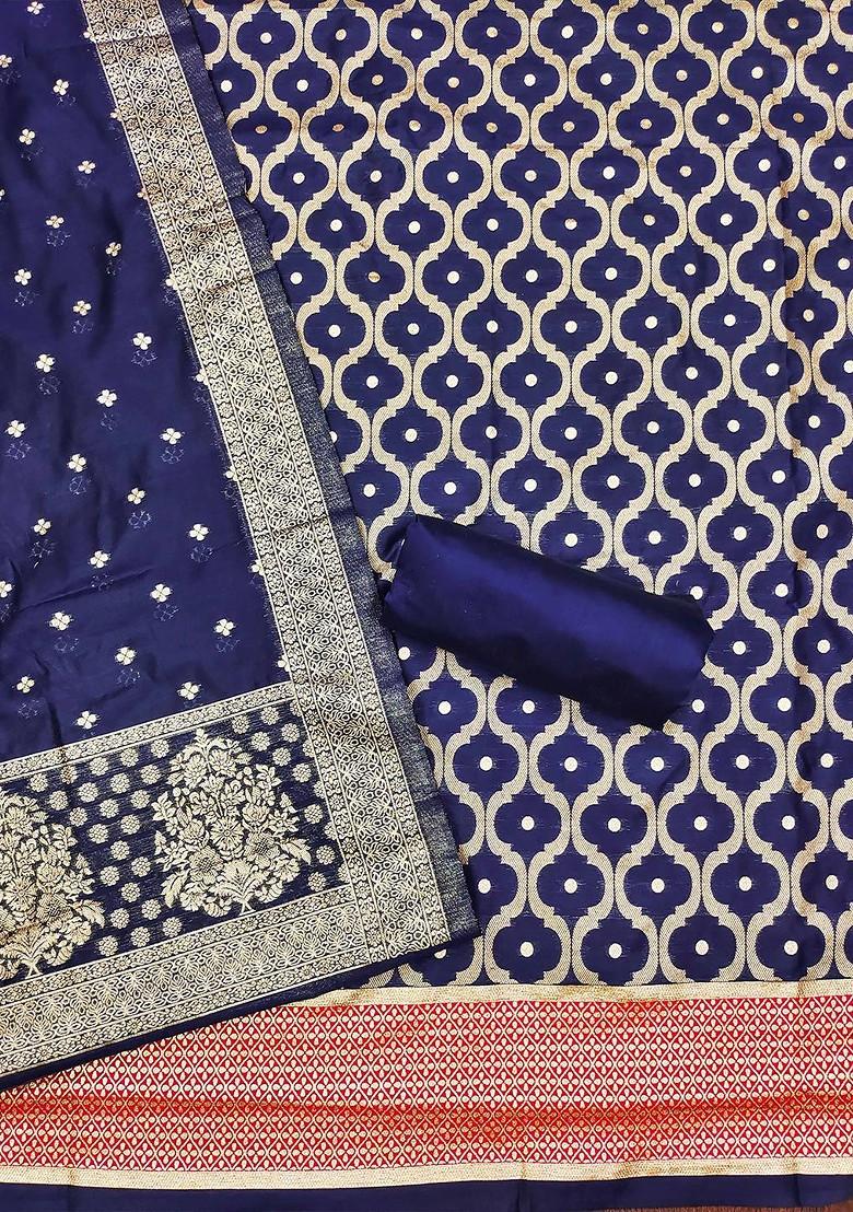 Navy Blue Floral Woven Design Poly Blend Kurta Set