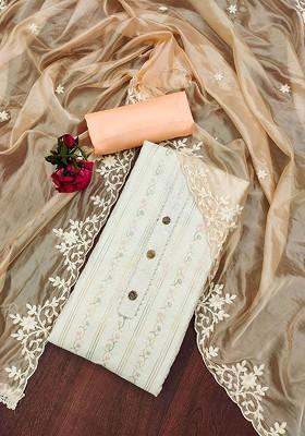 Off White Floral Embroidered Poly Blend Kurta Set