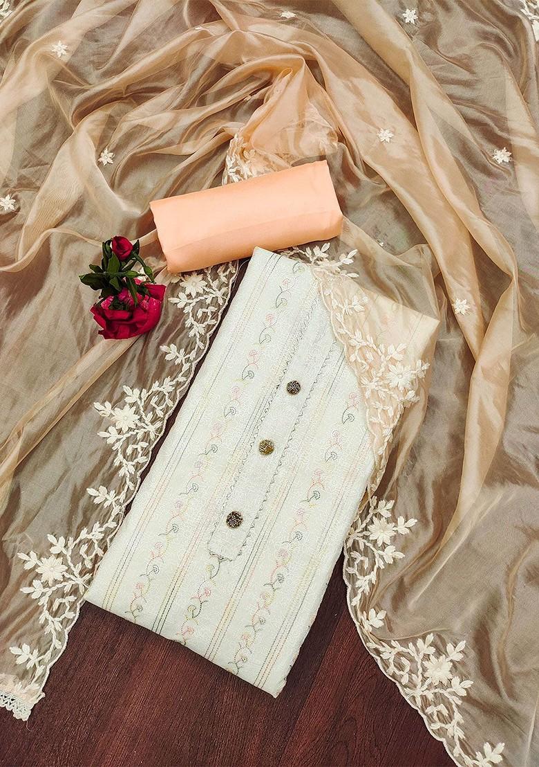 Off White Floral Embroidered Poly Blend Kurta Set