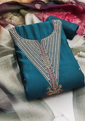 Blue Sequin Embroidered Poly Blend Kurta Set