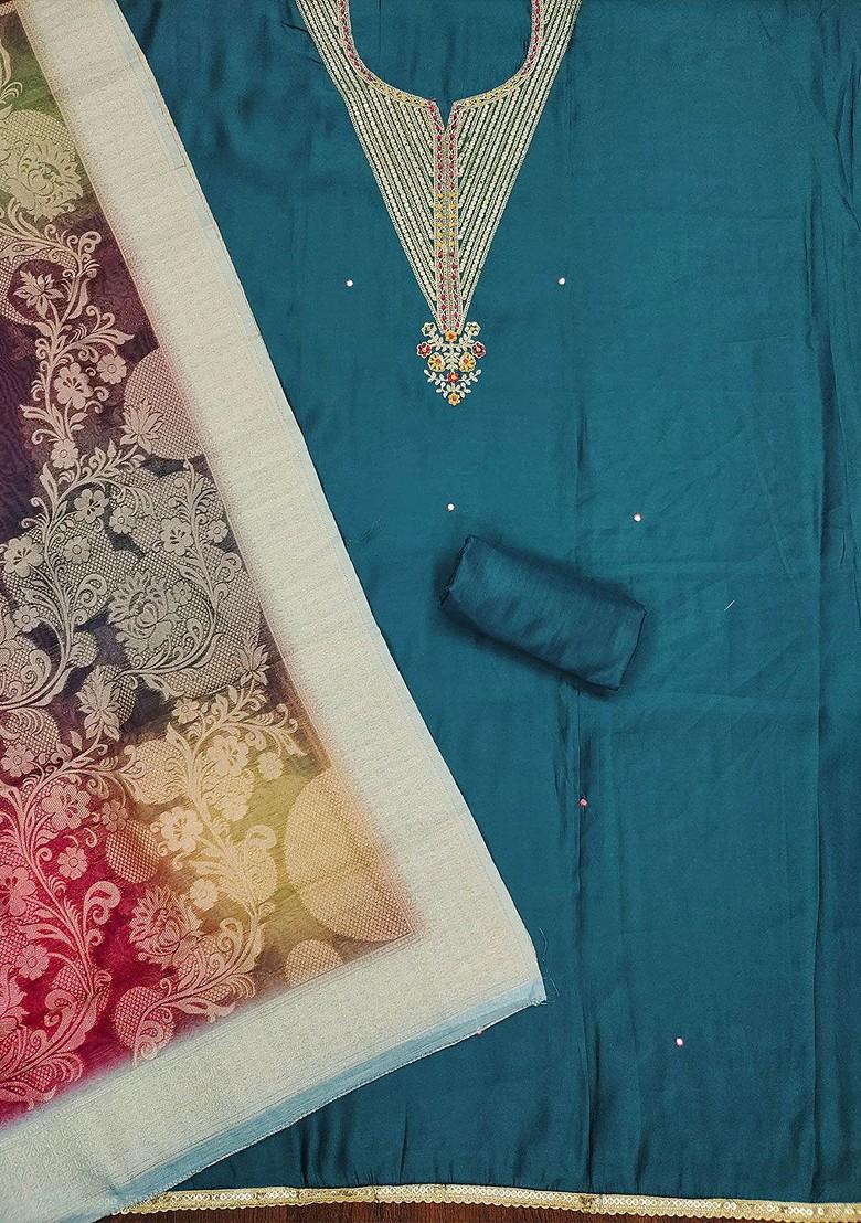 Blue Sequin Embroidered Poly Blend Kurta Set