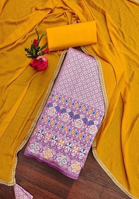 Pink Floral Woven Design Poly Blend Kurta Set