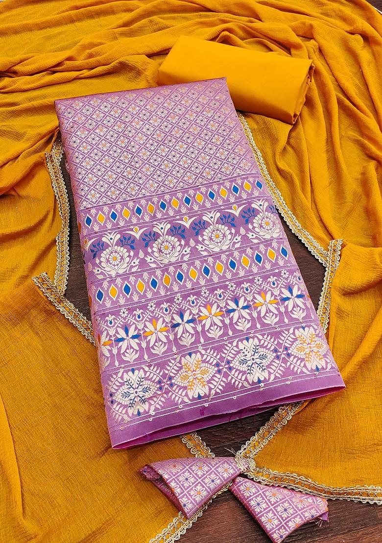 Pink Floral Woven Design Poly Blend Kurta Set