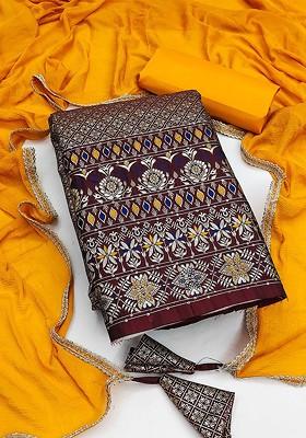 Coffee Brown Floral Woven Design Poly Blend Kurta Set