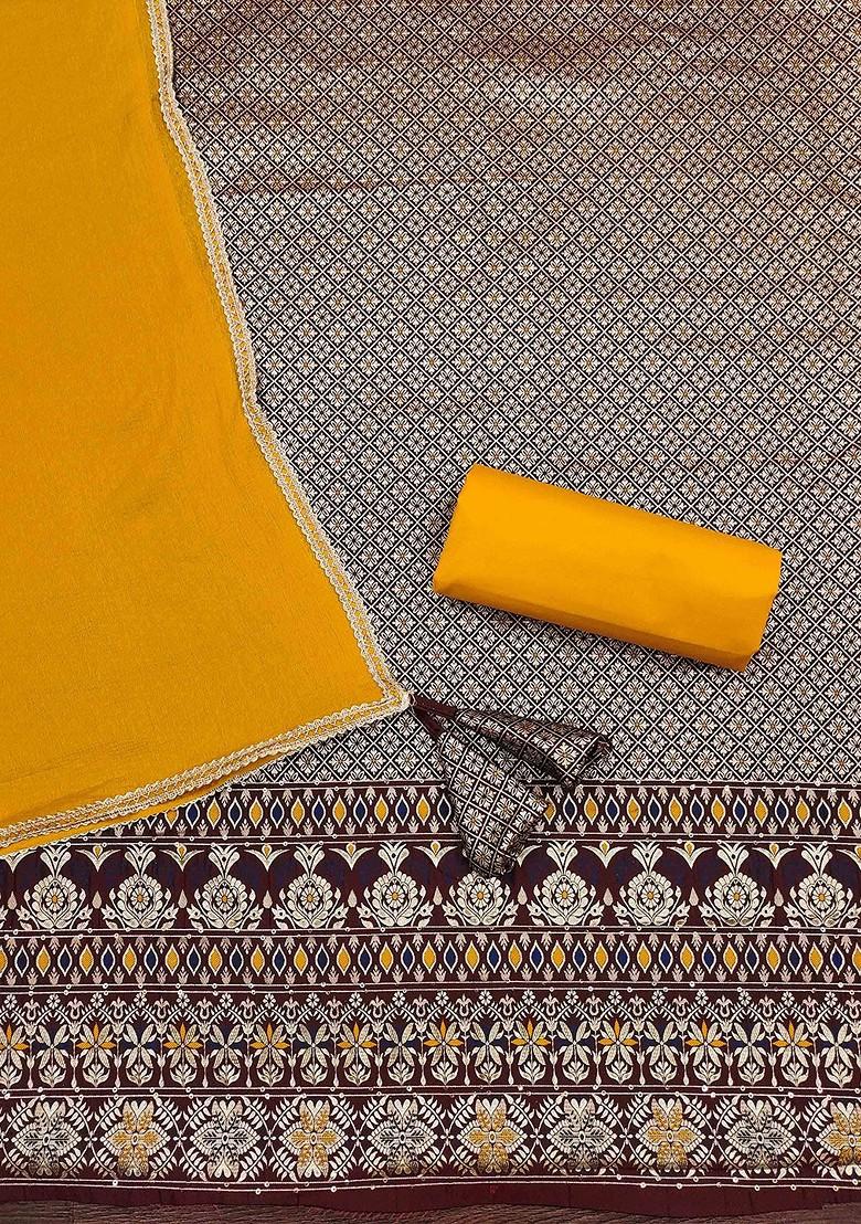 Coffee Brown Floral Woven Design Poly Blend Kurta Set