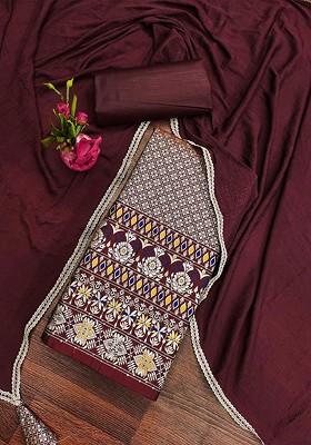 Coffee Brown Floral Woven Design Poly Blend Kurta Set