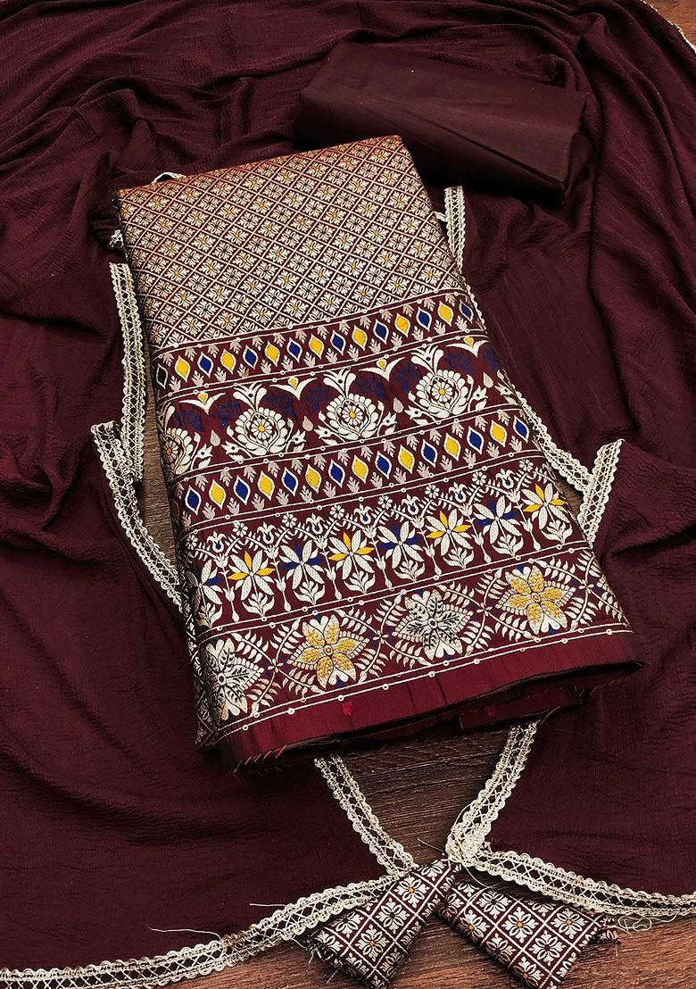 Coffee Brown Floral Woven Design Poly Blend Kurta Set