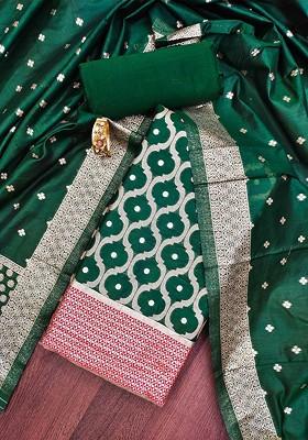 Green Floral Woven Design Poly Blend Kurta Set