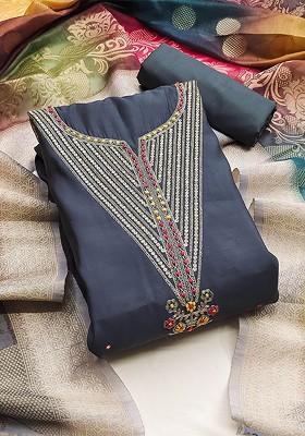 Grey Floral Embroidered Poly Blend Kurta Set