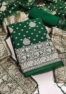 Green Floral Woven Design Poly Blend Kurta Set