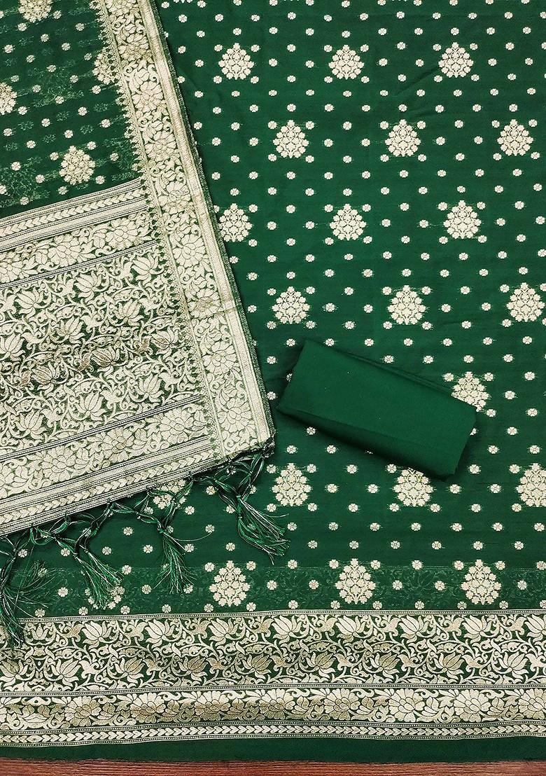 Green Floral Woven Design Poly Blend Kurta Set