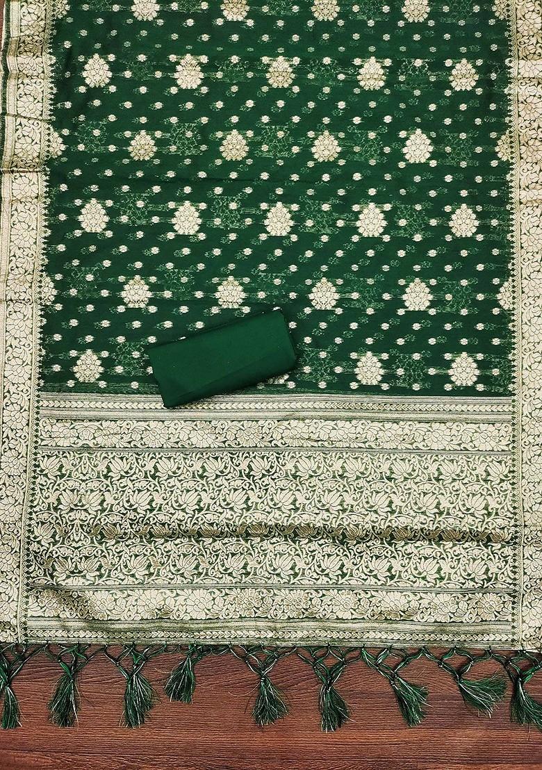 Green Floral Woven Design Poly Blend Kurta Set