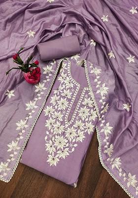 Lavender Floral Embroidered Poly Blend Kurta Set