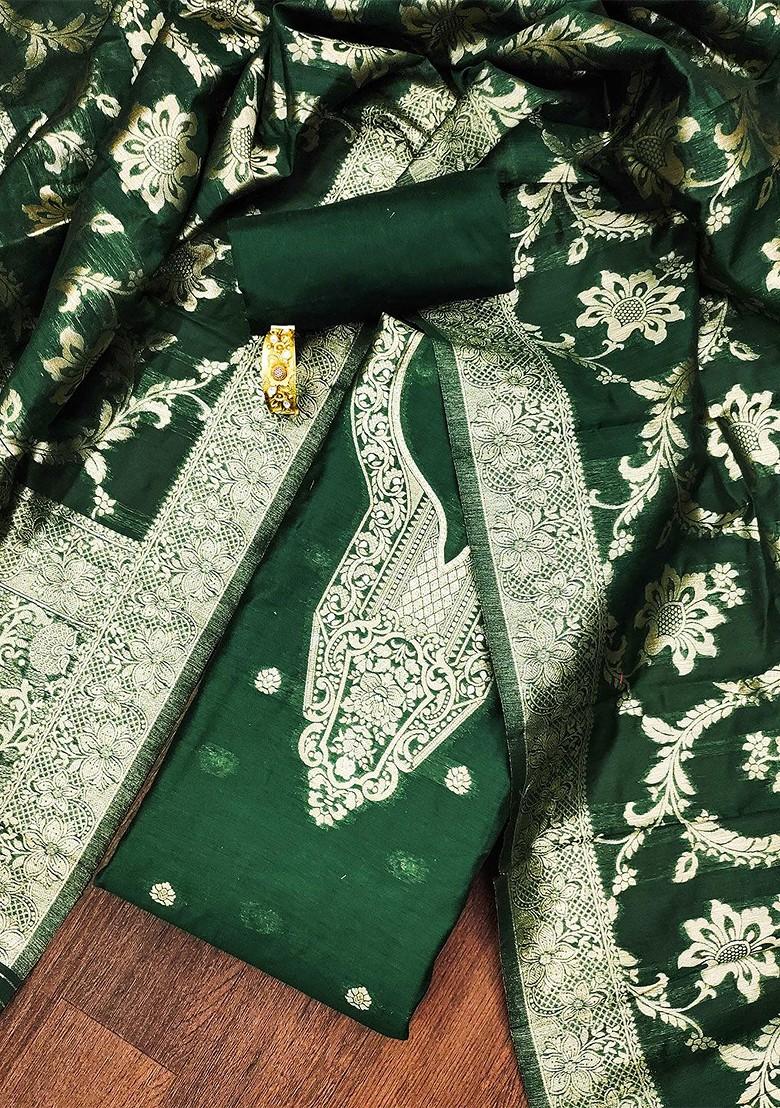 Olive Green Floral Woven Design Poly Blend Kurta Set