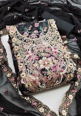 Black Ethnic Motifs Embellished Organza Kurta Set