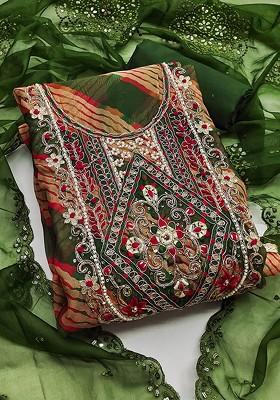 Olive Green Ethnic Motifs Embellished Organza Kurta Set