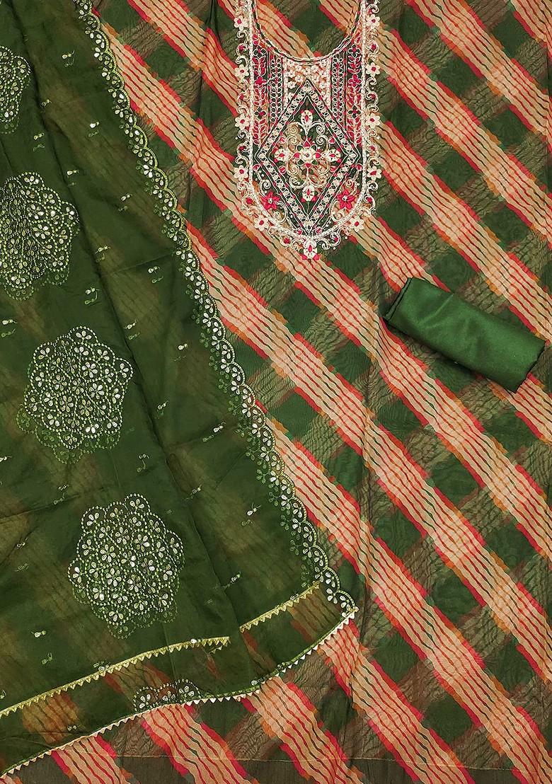 Olive Green Ethnic Motifs Embellished Organza Kurta Set