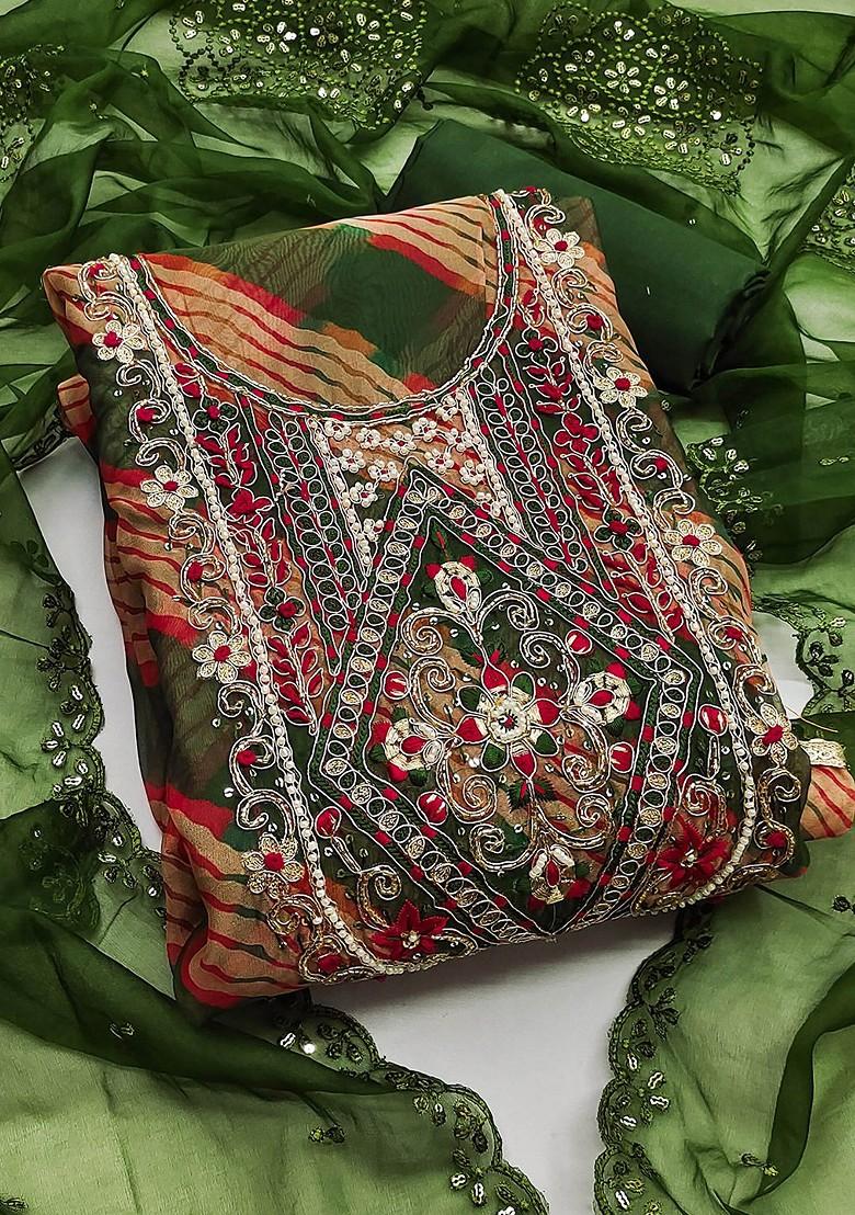 Olive Green Ethnic Motifs Embellished Organza Kurta Set