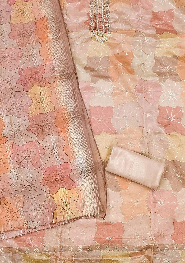 Peach Floral Embroidered Organza Kurta Set