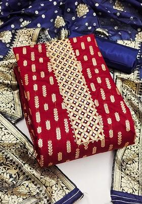 Maroon Ethnic Motifs Woven Poly Blend Kurta Set