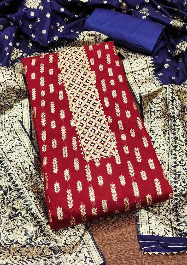 Maroon Ethnic Motifs Woven Poly Blend Kurta Set