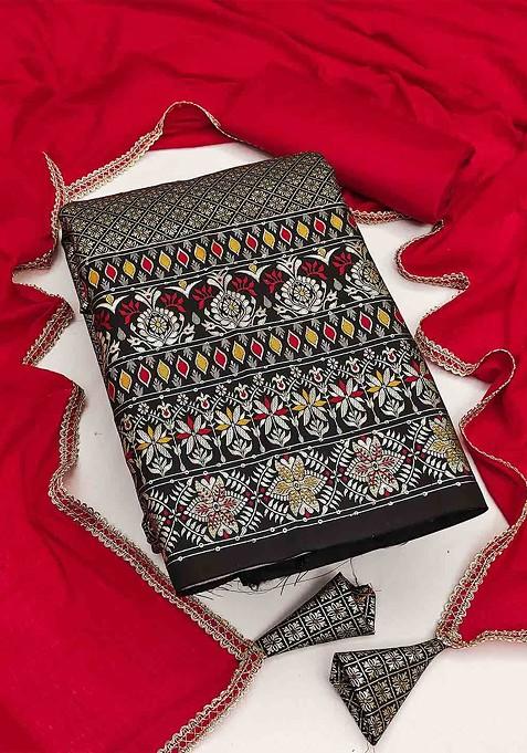 Black Ethnic Motifs Woven Poly Blend Kurta Set