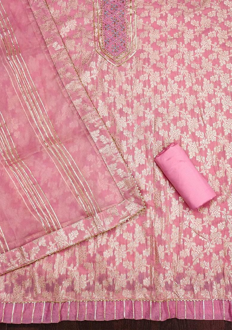 Pink Floral Woven Design Poly Blend Kurta Set