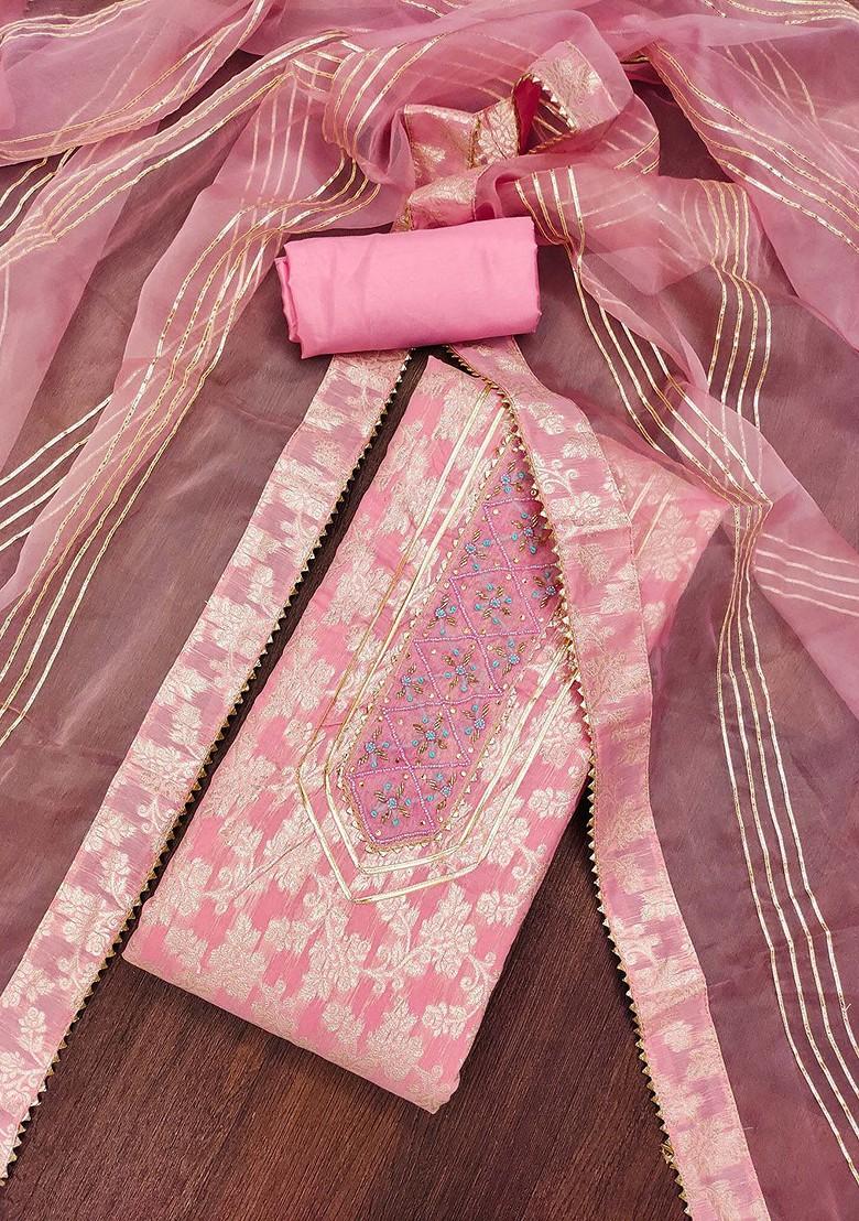 Pink Ethnic Motifs Woven Poly Blend Kurta Set