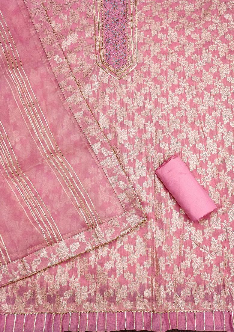 Pink Ethnic Motifs Woven Poly Blend Kurta Set